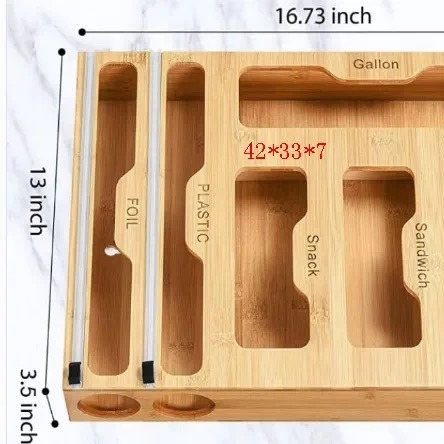 Bambuszból készült műanyag fólia tároló doboz, méretek 42×33×7 cm, kapacitás 45 L, többfunkciós konyhai rendező