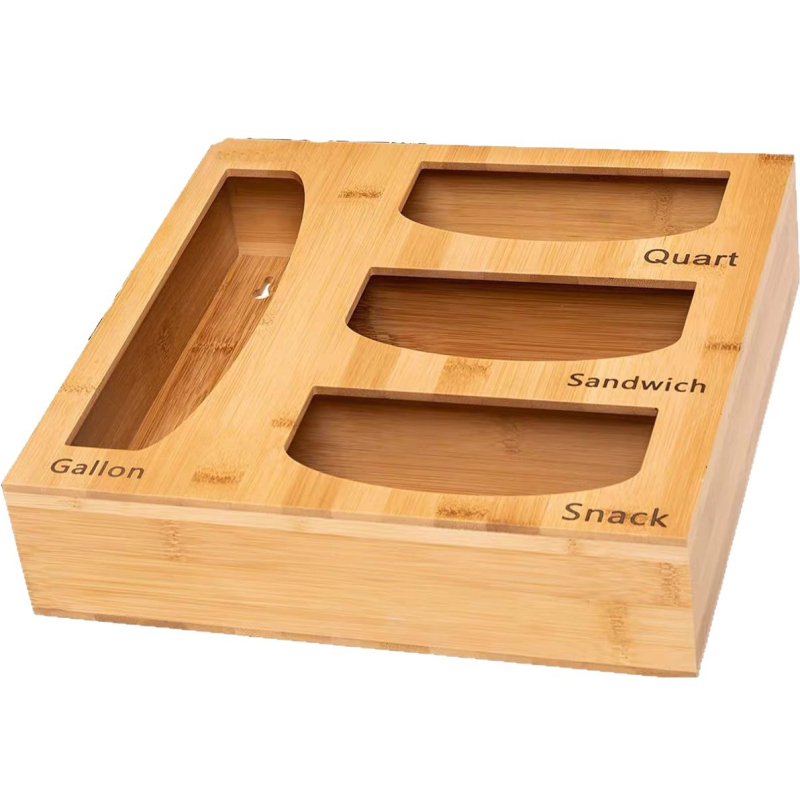 Bambuszból készült műanyag fólia tároló doboz, méretek 42×33×7 cm, kapacitás 45 L, többfunkciós konyhai rendező