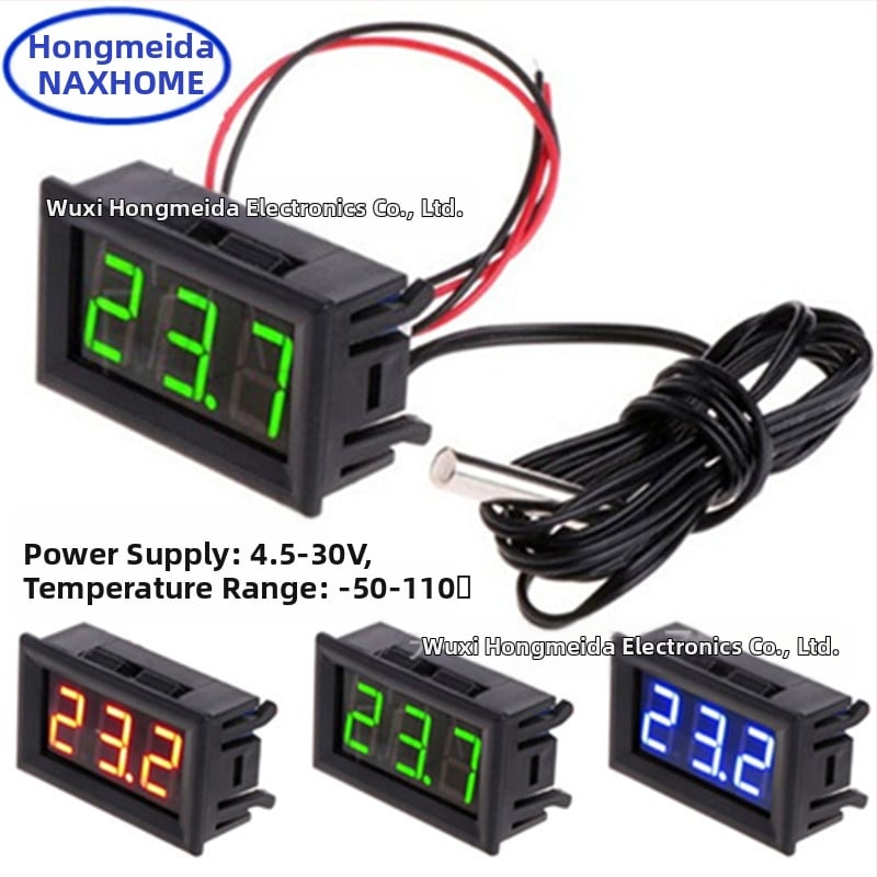 HMD-TMP01 Електронен измервател на температура и влажност с дисплей на цифрови тръби, обхват -50 до 110 °C, резолюция 0.1 °C, точност 0.1 °C, захранване 5V/12V/24V