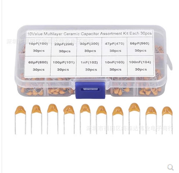 Монолитни кондензатори, 300 броя общо, в 10 спецификации (10 pF–100 nF), plug-in монтаж, алуминиев субстрат