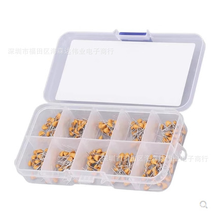 Монолитни кондензатори, 300 броя общо, в 10 спецификации (10 pF–100 nF), plug-in монтаж, алуминиев субстрат