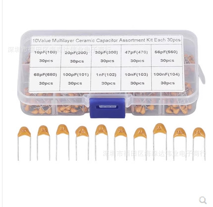 Монолитни кондензатори, 300 броя общо, в 10 спецификации (10 pF–100 nF), plug-in монтаж, алуминиев субстрат
