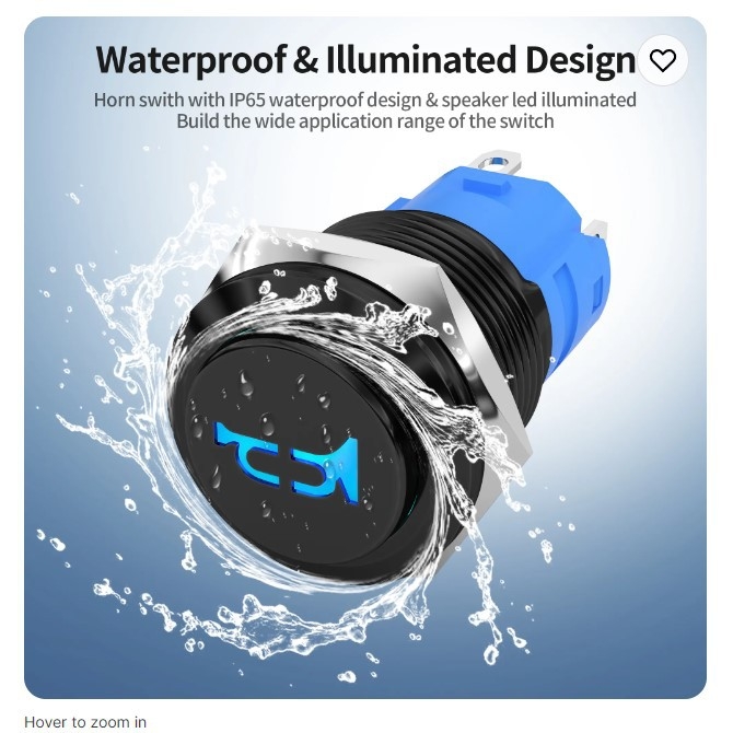 16 mm metalo mygtukas automobilių sirenos jungiklis – savarankiškai grįžtamas, IP65, 24V, nerūdijančio plieno žiedas, CE, 50000 ciklų