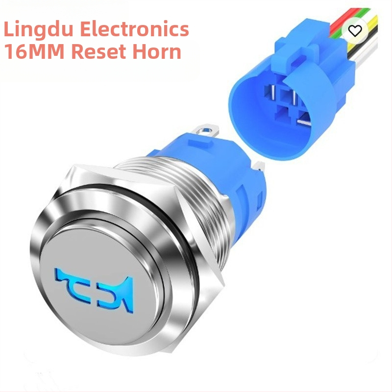 16 mm metalo mygtukas automobilių sirenos jungiklis – savarankiškai grįžtamas, IP65, 24V, nerūdijančio plieno žiedas, CE, 50000 ciklų