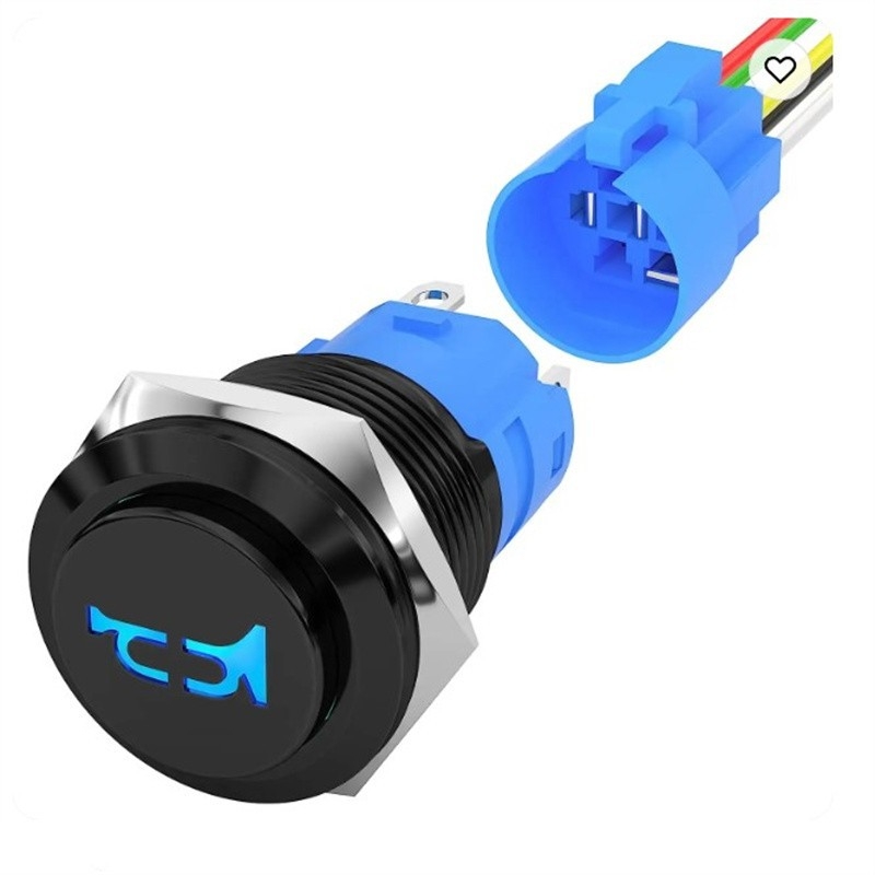 16 mm metalo mygtukas automobilių sirenos jungiklis – savarankiškai grįžtamas, IP65, 24V, nerūdijančio plieno žiedas, CE, 50000 ciklų