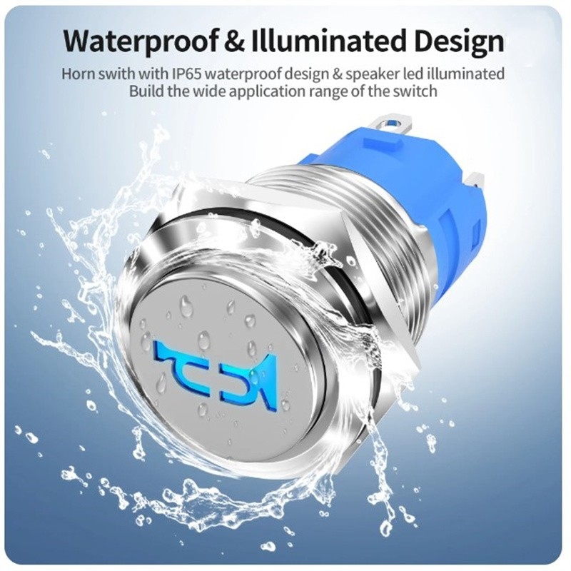 16 mm metalo mygtukas automobilių sirenos jungiklis – savarankiškai grįžtamas, IP65, 24V, nerūdijančio plieno žiedas, CE, 50000 ciklų