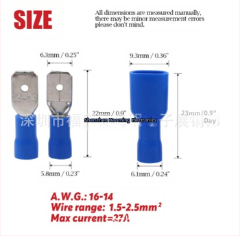 HM Μοντέλο 6.3, 100 τεμάχια, 16-14 AWG πλήρως μονωμένοι αρσενικοί-θηλυκοί συνδετήρες διακλάδωσης, σετ, 3A, 125V