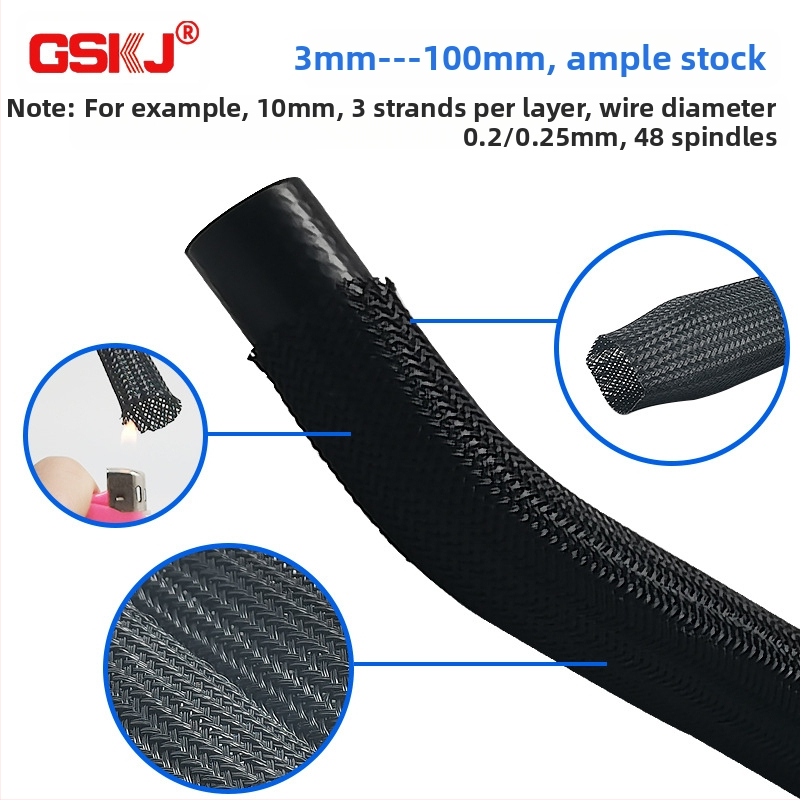 Автомобилна PET мрежеста обвивка за кабелни снопове, VW-1 огнеустойчива, -50°C до 150°C, RoHS/REACH сертифицирана, точка на топене 240°C ±10°C