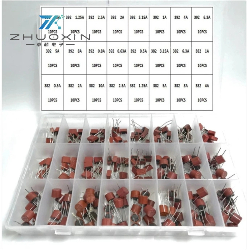 Тръбни предпазители, 240 бр., 250V, медленнозадействащи, 0,5A–10A, 24 типа по 10 бр.