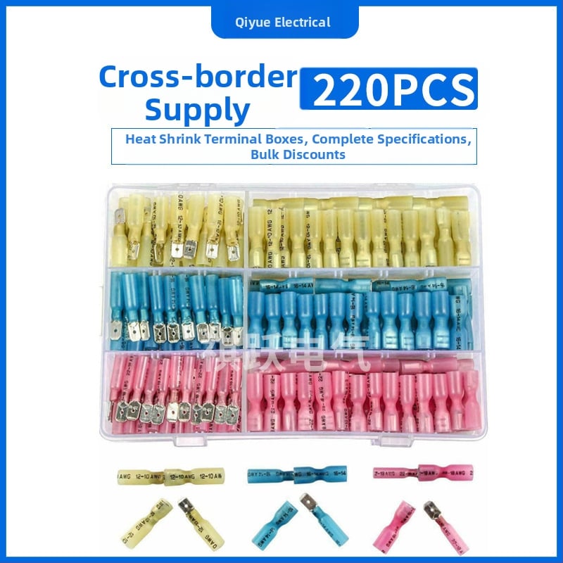 Qiyue Electric 220 vnt visiškai izoliuotų terminalų komplektas su vyriškais ir moteriškais jungtimis, atsparus vandeniui, su šilumos susitraukiančiais vamzdeliais dėžutėje