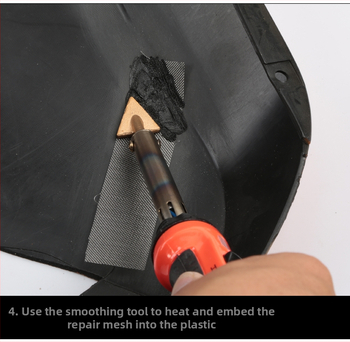 Instrument pentru reparații la bara automobilului pentru piese din plastic: umplerea găurilor și reparații de fisuri, cu un pistol de sudură cu topire la cald universal.
