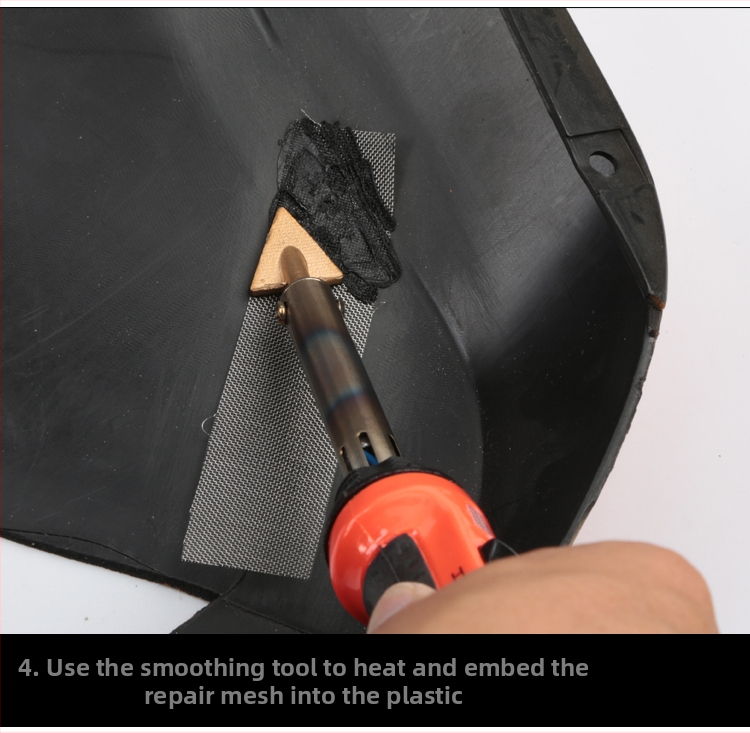 Instrument pentru reparații la bara automobilului pentru piese din plastic: umplerea găurilor și reparații de fisuri, cu un pistol de sudură cu topire la cald universal.