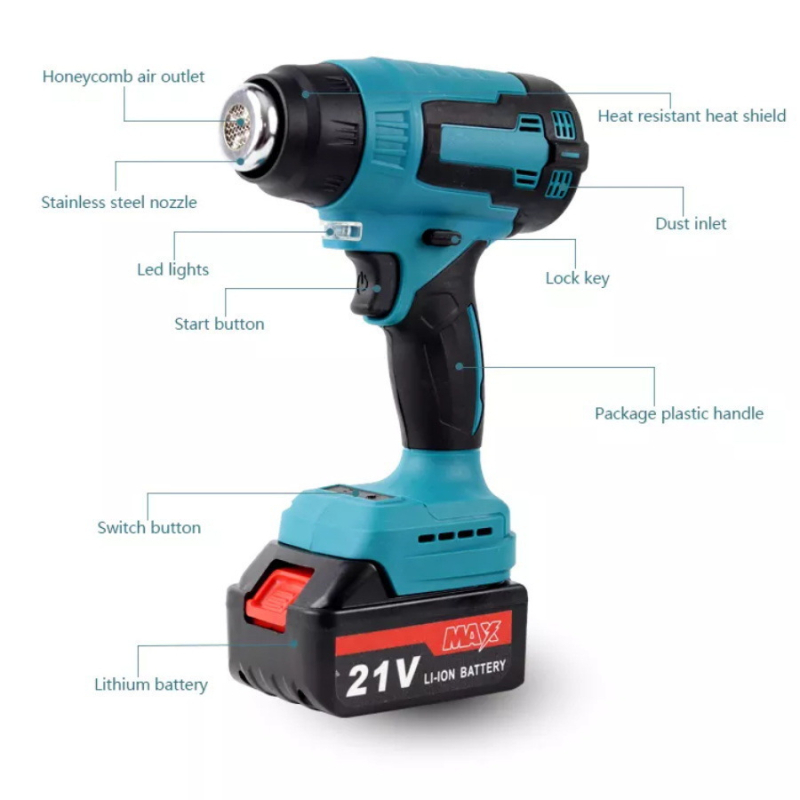 Преносим ръчен термовъздушен пистолет с регулируема температура, LED индикатор, защита от прегряване, литиева батерия (напрежение 50–250 V AC/DC)