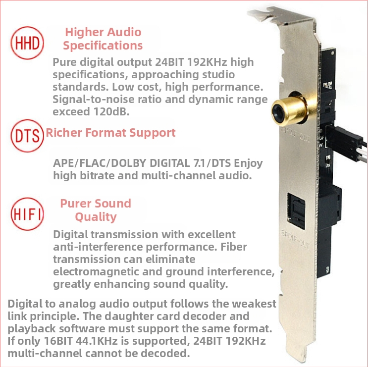 SPDIF оптично-коаксиална дъщерна карта за дънна платка с позлатен интерфейс и поддръжка DTS/AC3/LPCM (Марка: Dovis; Модел: 111; Тип: Other IC)