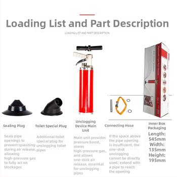 Didelio slėgio vamzdžių valiklis virtuvei ir namams — geležinė konstrukcija nuotekų ir tualeto atblokavimui