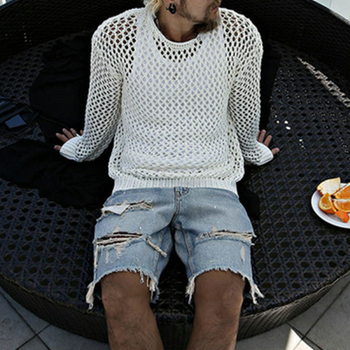 Ανδρικό ελαφρύ πλεκτό μακρυμάνικο T-shirt με στρογγυλή λαιμόκοψη, στενή γραμμή, μονόχρωμο, καλοκαιρινό, πολυεστερικό ύφασμα