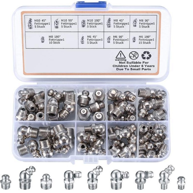 60 vnt tepalų antgalių rinkinys tepalų pistolėlei – tiesūs ir išlenkti, nikeliuoti, sriegiai M6/M8/M10