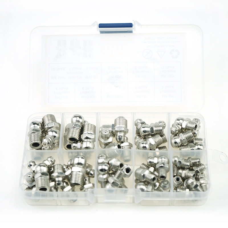 60 vnt tepalų antgalių rinkinys tepalų pistolėlei – tiesūs ir išlenkti, nikeliuoti, sriegiai M6/M8/M10