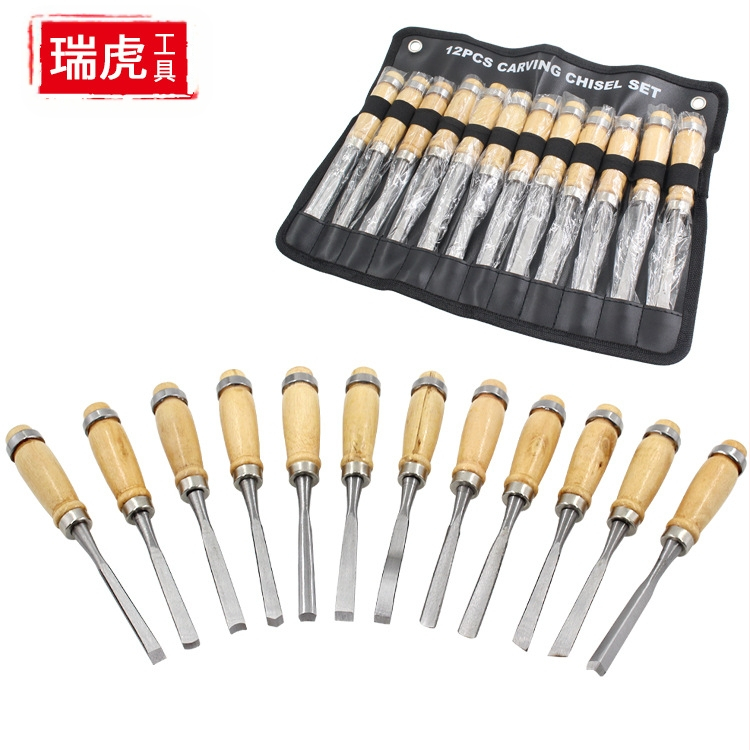 12 dalių medžio drožybos įrankių rinkinys su medinėmis rankenomis, įvairių galvučių – drožybai (Galvučių formos: įvairios; Rankena: medinė; Paskirtis: drožyba; Serija: išdrožiniai įrankiai)