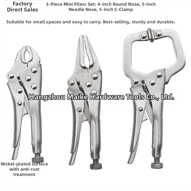 MACWORK 3-части комплект мини клещи от въглеродна стомана: клещи с кръгъл нос, клещи с игловиден нос и C-образни клещи; глава от 45# стомана; отваряне на челюстите 25 мм; тегло 330 г