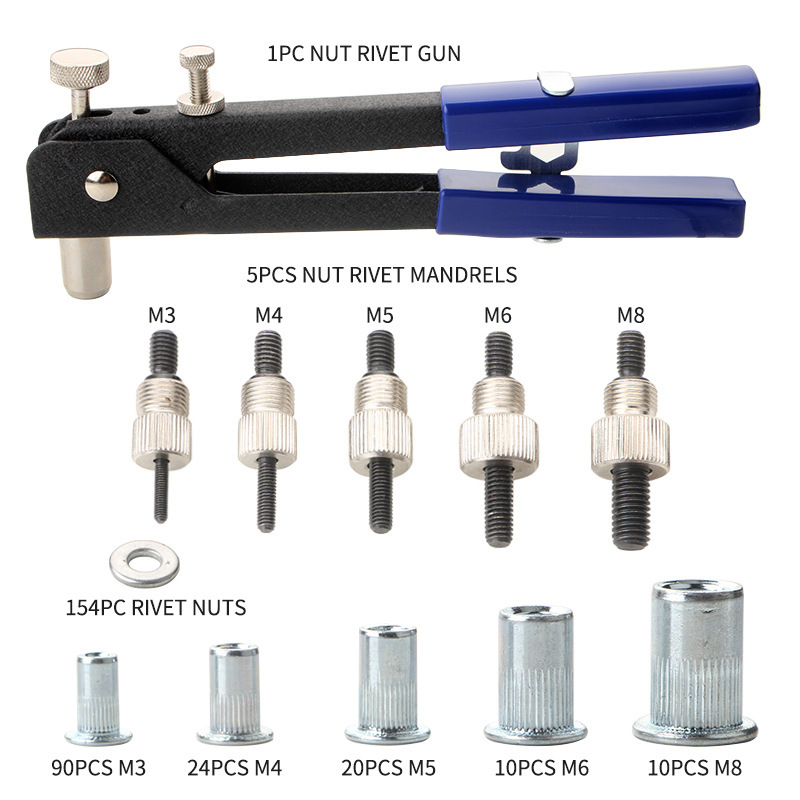 Ръчен нитова гайкова пушка - 6 части комплект, MUBUJIA, диаметър на нитова гайка 10 мм, дължина 270 мм, тегло 0,18 кг, ръчно задвижване