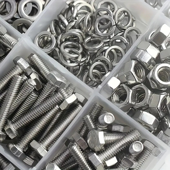 240 db rozsdamentes acél hatszögfejű csavarok és anyák alátétekkel, M4 és M5