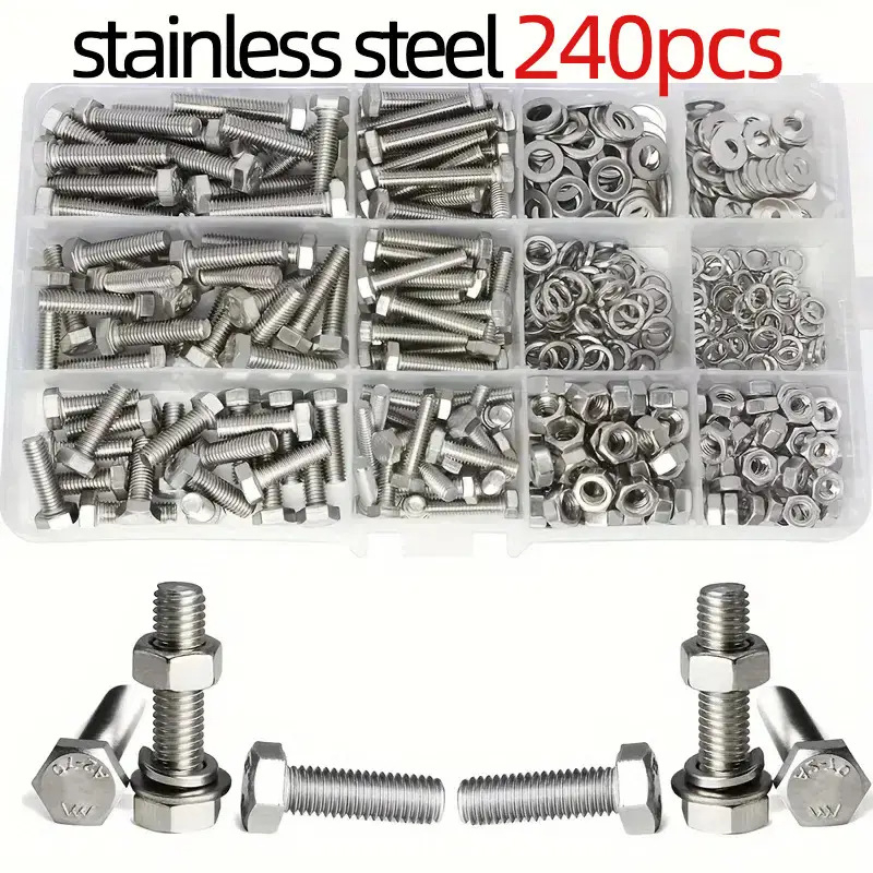 Комплект от 240 неръждаеми шестогранни болтове и гайки с шайби, пълна резба, M4 и M5