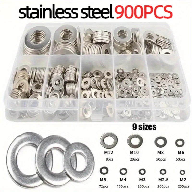 Комплект плоски шайби от 304 неръждаема стомана, 900 бр., опаковани в кутия, DIN9021
