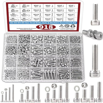 Rongxin 304 неръждаема стомана чашкови винтове, гайки и шайби - комплект за мебели и електроуреди, 918 бр., в кутия