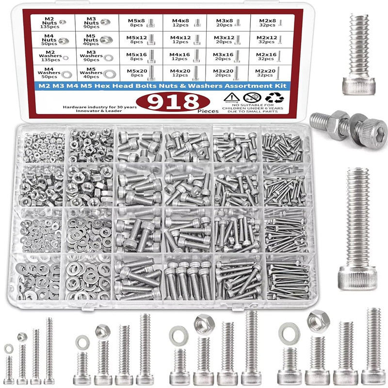 Rongxin 304 неръждаема стомана чашкови винтове, гайки и шайби - комплект за мебели и електроуреди, 918 бр., в кутия
