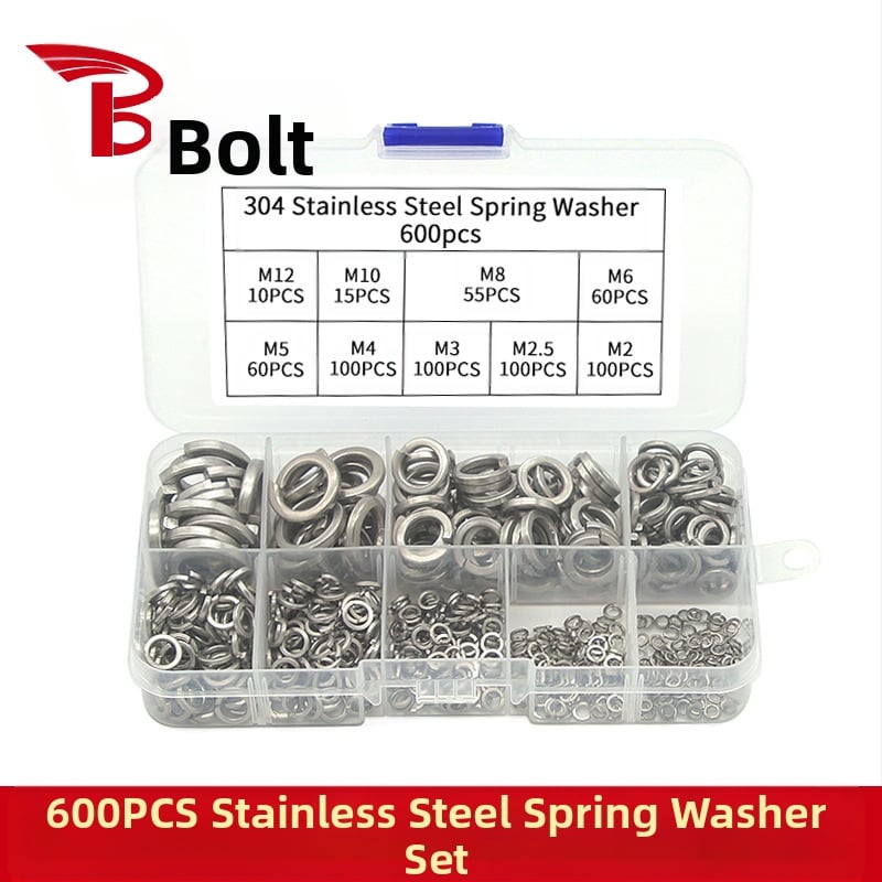 Set opružnih podložaka od 304 nehrđajućeg čelika, u kutiji – protiv otpuštanja, uključene vijci, 480/600 komada, GB93 Klasa A