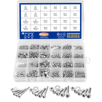880 бр. 304 неръждаема стомана: винтове с цилиндрична глава и вътрешна шестограма, гайки и плоски шайби, DIN 912, A2-70, клас A