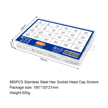 880 бр. 304 неръждаема стомана: винтове с цилиндрична глава и вътрешна шестограма, гайки и плоски шайби, DIN 912, A2-70, клас A