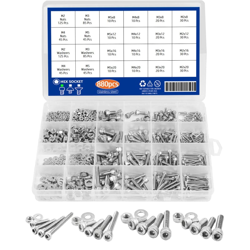 880 бр. 304 неръждаема стомана: винтове с цилиндрична глава и вътрешна шестограма, гайки и плоски шайби, DIN 912, A2-70, клас A