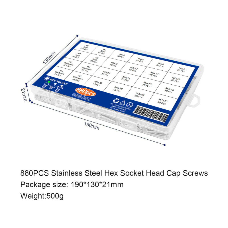 880 бр. 304 неръждаема стомана: винтове с цилиндрична глава и вътрешна шестограма, гайки и плоски шайби, DIN 912, A2-70, клас A