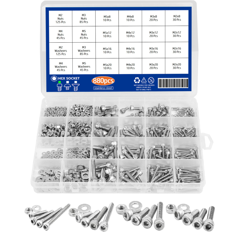 880 бр. 304 неръждаема стомана: винтове с цилиндрична глава и вътрешна шестограма, гайки и плоски шайби, DIN 912, A2-70, клас A