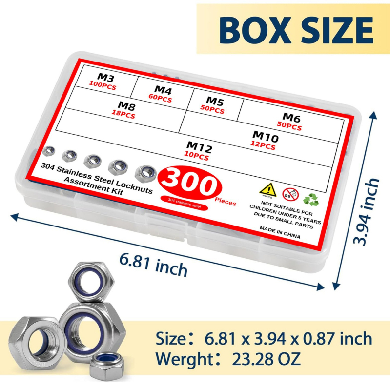 Самозаключваща шестогранна гайка, неръждаема стомана 304, DIN 985, комплект в кутия