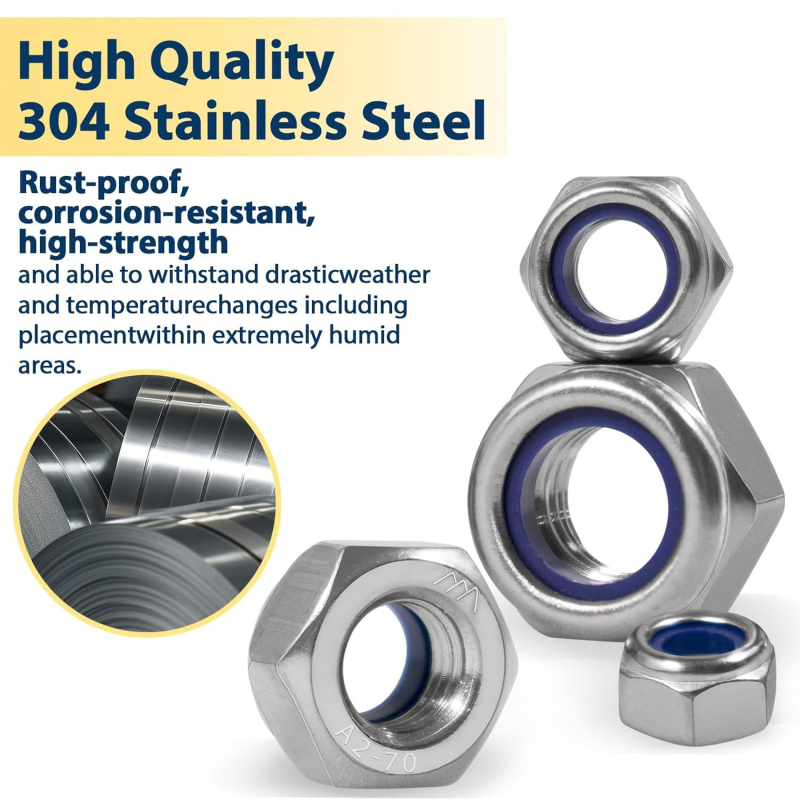 Самозаключваща шестогранна гайка, неръждаема стомана 304, DIN 985, комплект в кутия