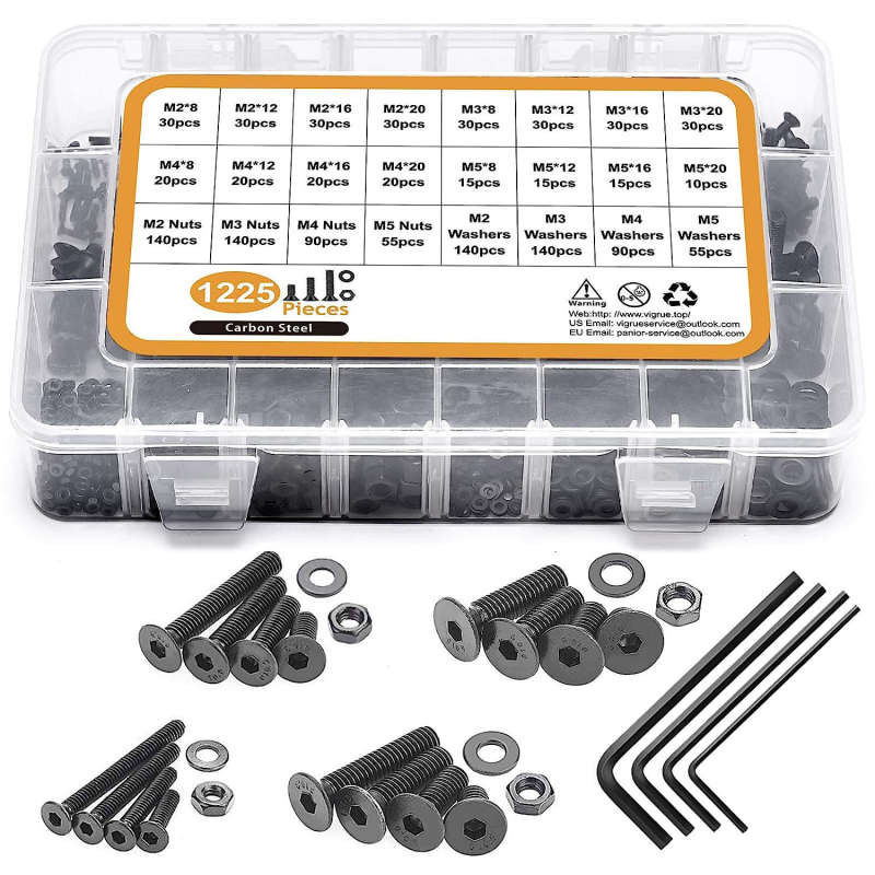 Dong Ming DIN7991 304 неръждаема стомана винт с потънена глава и шестограмен шлиц, с шайба и гайка, комплект 1225/940 броя, опаковани в кутия