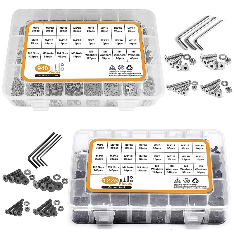 Dong Ming DIN7991 304 неръждаема стомана винт с потънена глава и шестограмен шлиц, с шайба и гайка, комплект 1225/940 броя, опаковани в кутия