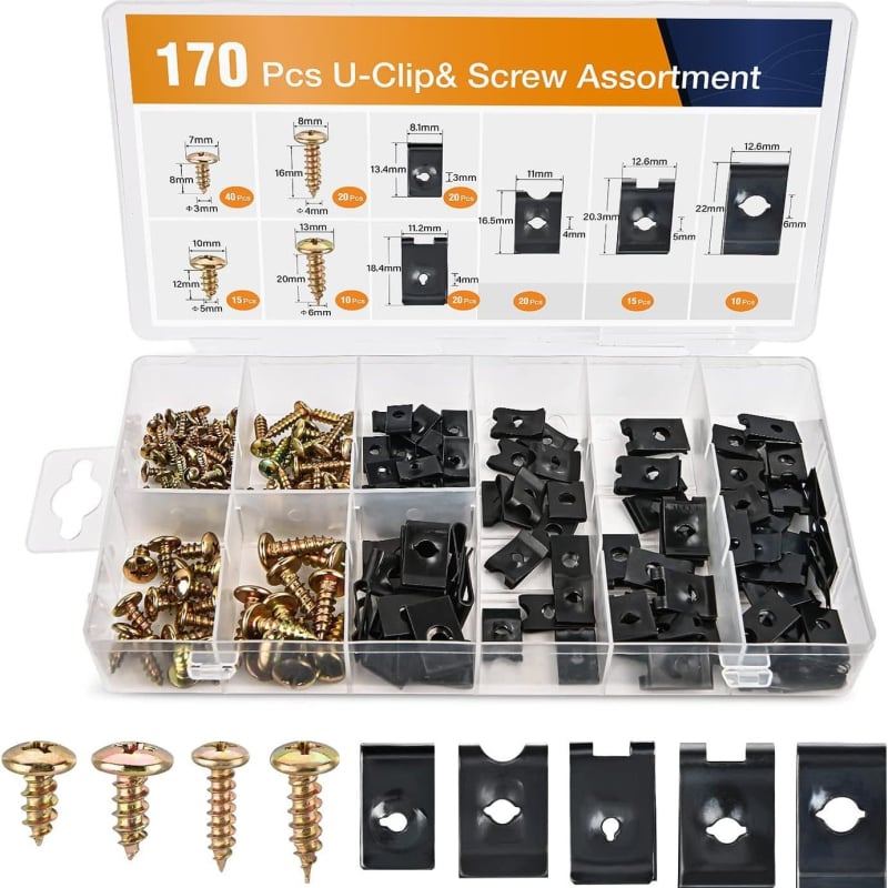 Autóipari U-alakú csipesz és csavar készlet, 170 darab, univerzális kompatibilitás, modell PJ46064, anyag PA, Pajie