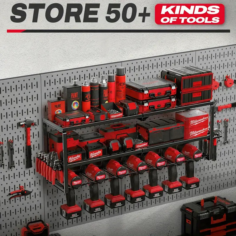 Falihoz rögzíthető háromszintes fém szerszámtároló állvány fúrók és csavarhúzók számára