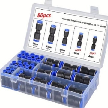 HM Комплект фитинги за въздушен маркуч с бързо свързване, 80 бр., Push-to-Connect, прав тръбен монтаж, материали: мед, желязо, алуминий и гума