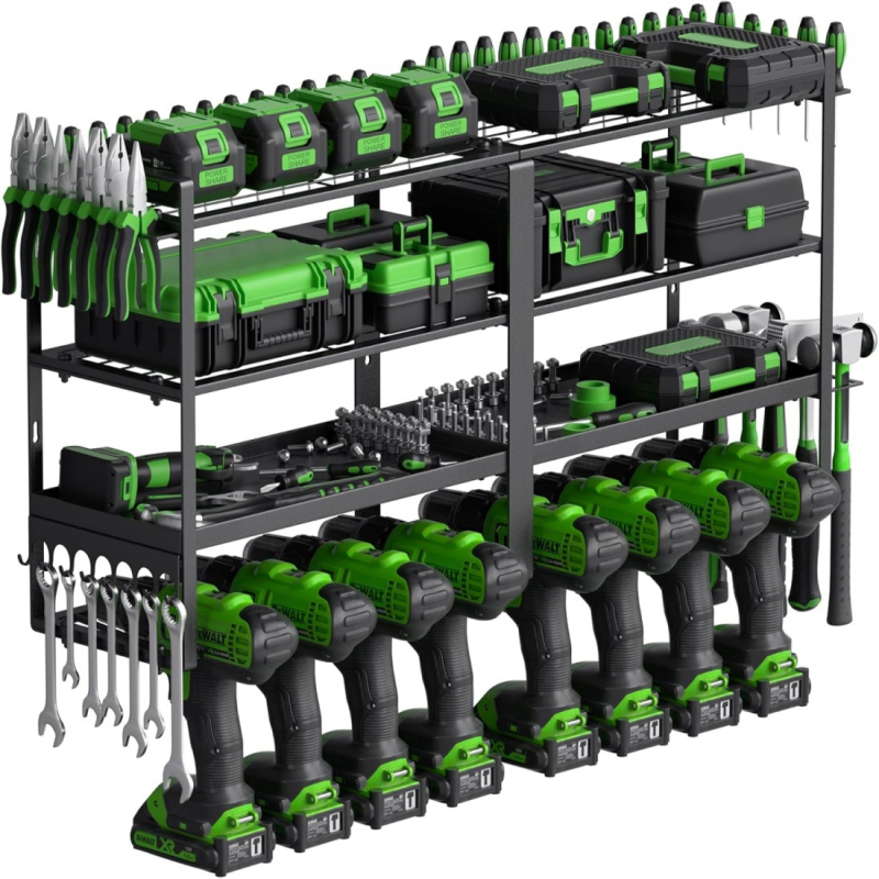 Стойка за бормашина за стенен монтаж, въглеродна стомана, 4 нива, тежък метален органайзер за инструменти, капацитет 40 кг