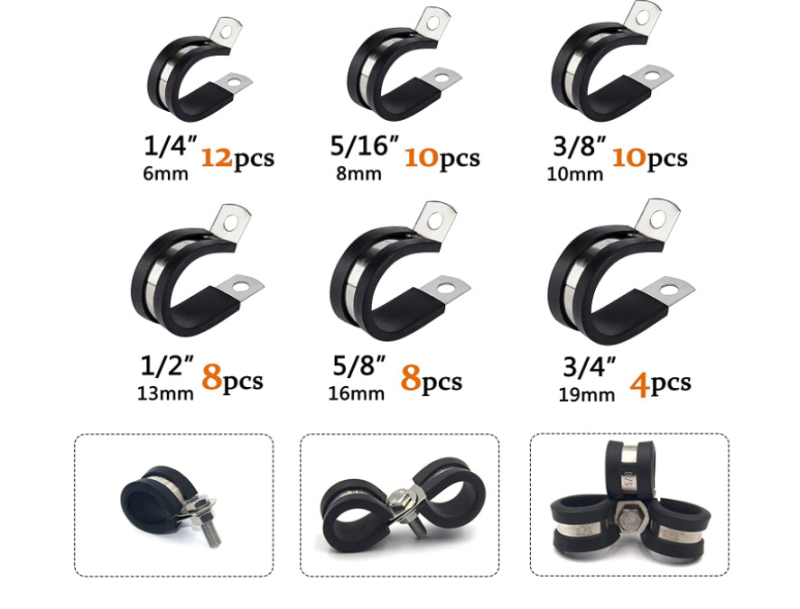 52 vnt nerūdijančio plieno kabelinių spaustuvų rinkinys su gumos pagalvėlėmis, HM ženklas