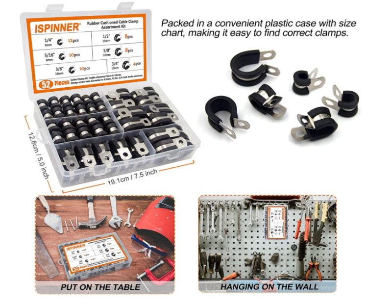 52 vnt nerūdijančio plieno kabelinių spaustuvų rinkinys su gumos pagalvėlėmis, HM ženklas