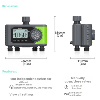 Εξωτερικός τεσσάρων καναλιών αυτόματος ελεγκτής άρδευσης με προγραμματισμένο πότισμα, καθυστέρηση σε βροχερές ημέρες και ειδοποίηση χαμηλής ισχύος; ABS περίβλημα; διάρκεια άρδευσης 1 λεπτό - 3 ώρες 59 λεπτά; συχνότητα πότισματος καθημερινά έως κάθε 7 ημέρε