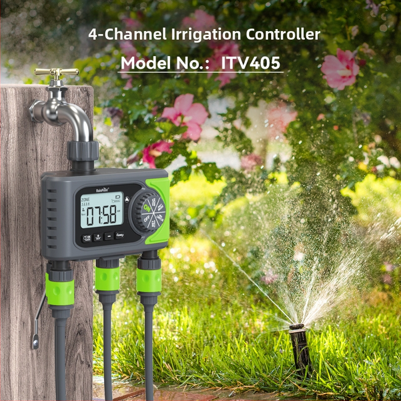 Controler extern pentru irigare automată cu 4 canale, irigare programată, întârziere la ploaie și alertă pentru energie scăzută; carcasă ABS; durată irigare 1 min - 3 h 59 min; frecvență irigare de la zilnic până la o dată la 7 zile.