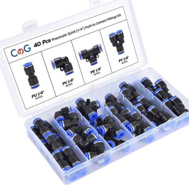 HM пневматичен комплект фитинги за бързо свързване, 40 части, включва ъглов, прав, разклонител и порт-фитинг, бързо освобождаване, материал: мед, желязо, алуминий и гума