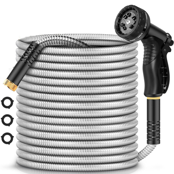 Nerūsējošā tērauda dārza šļūtene laistīšanai un automašīnu mazgāšanai, bez saraušanas; pistoles galva no cinka sakausējuma; rokturis no cinka sakausējuma; izsmidzināšanas attālums 10 m; ūdens spiediens 3–8 kg; sienas biezums 2